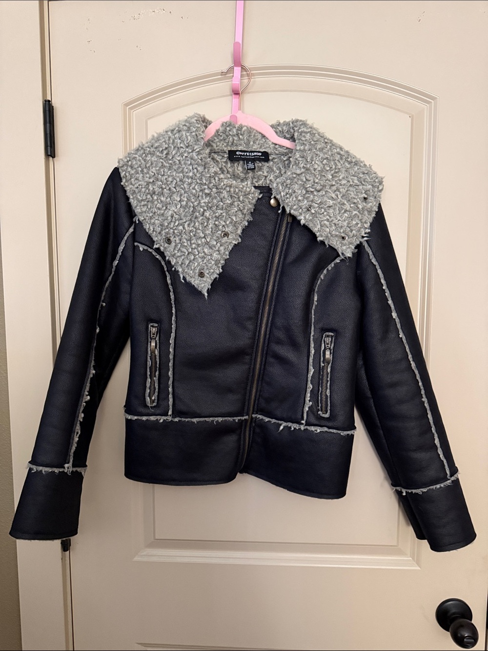 Black & Grey Shearling Collar Faux Leather Jacket -